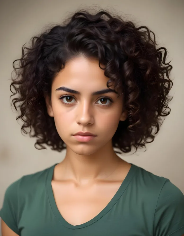 A Young Latina Woman With Curly Dark Hair Olive Skin And A Serious Expression On Her Face 11 Bf1c
