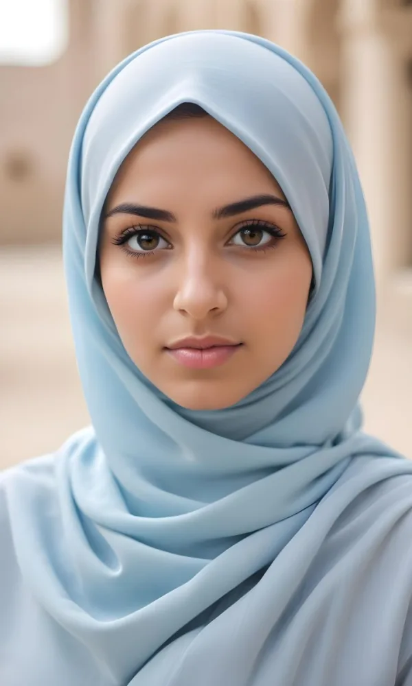 A Young Middle Eastern Woman Wearing A Light Blue Hijab Looking Directly At The Camera With A Serious Expression 17 1dab