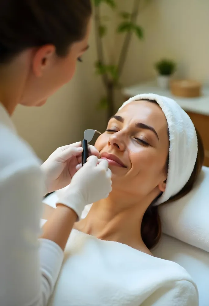 A Young Middle Eastern Woman With Dark Hair And Olive Skin Tone Receiving A Facial Treatment From A Beautician With A Towel Wrapped Around Her Head In A Spa Or Salon Setting 10 C083