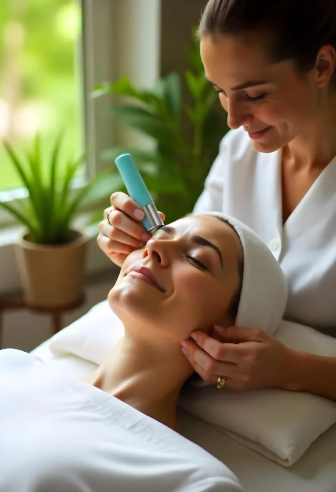 A Young Middle Eastern Woman With Dark Hair And Olive Skin Tone Receiving A Facial Treatment From A Beautician With A Towel Wrapped Around Her Head In A Spa Or Salon Setting 4 7b6b