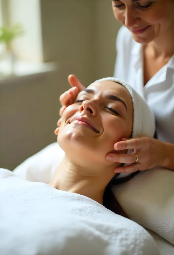 A Young Middle Eastern Woman With Dark Hair And Olive Skin Tone Receiving A Facial Treatment From A Beautician With A Towel Wrapped Around Her Head In A Spa Or Salon Setting 5 Bf88
