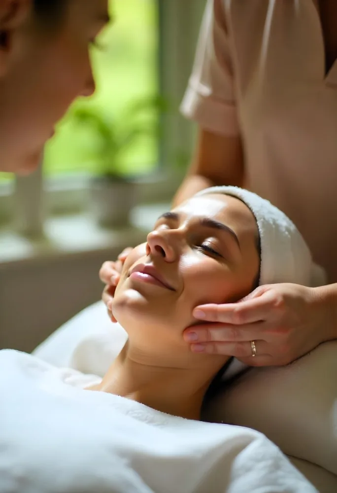 A Young Middle Eastern Woman With Dark Hair And Olive Skin Tone Receiving A Facial Treatment From A Beautician With A Towel Wrapped Around Her Head In A Spa Or Salon Setting 7 Fe87