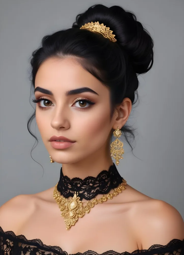 A Young Middle Eastern Woman With Dark Hair Styled In An Updo Wearing Gold Jewelry And A Black Lace Choker Against A Gray Background 1 9576