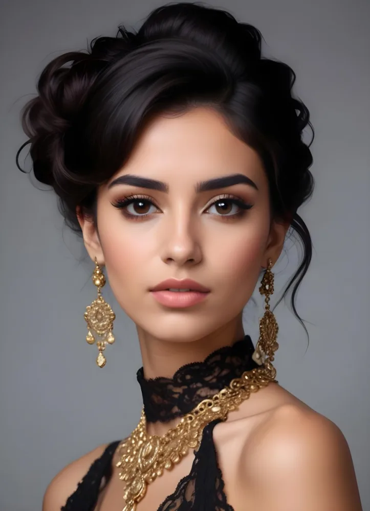 A Young Middle Eastern Woman With Dark Hair Styled In An Updo Wearing Gold Jewelry And A Black Lace Choker Against A Gray Background 11 7dd5
