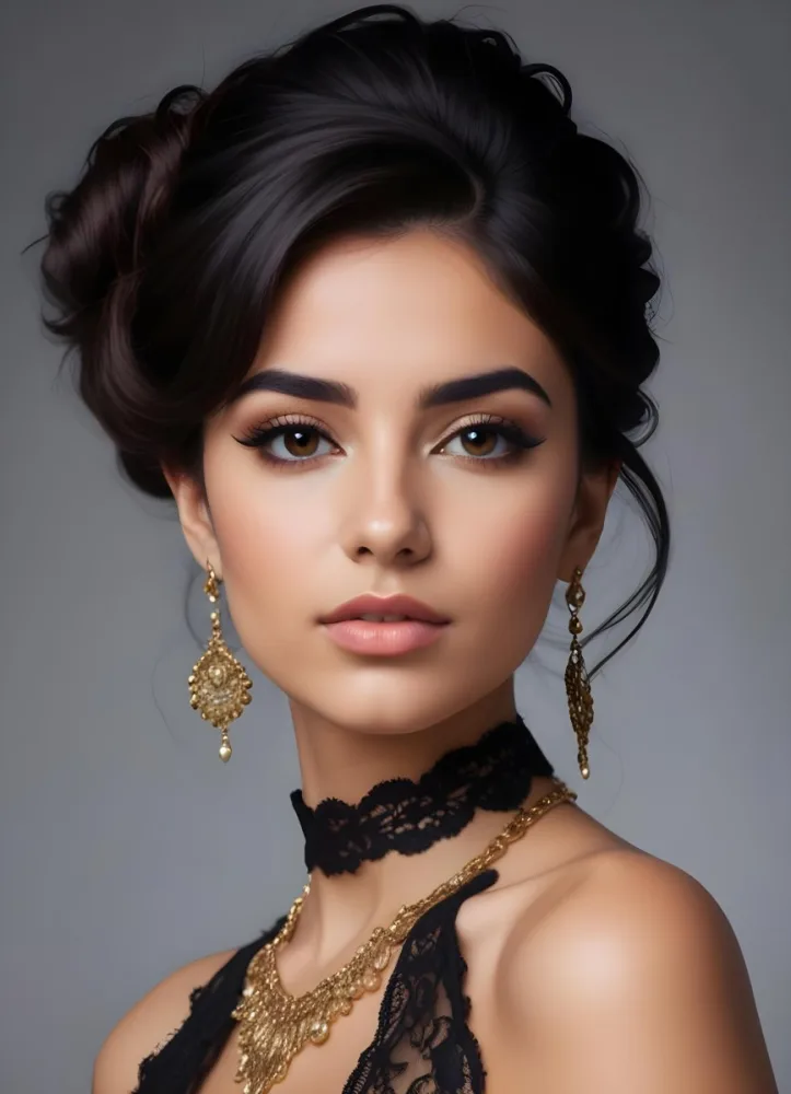 A Young Middle Eastern Woman With Dark Hair Styled In An Updo Wearing Gold Jewelry And A Black Lace Choker Against A Gray Background 12 E917