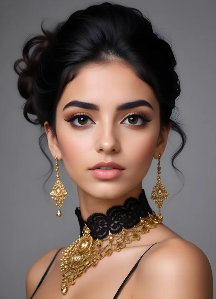A Young Middle Eastern Woman With Dark Hair Styled In An Updo Wearing Gold Jewelry And A Black Lace Choker Against A Gray Background 15 5b1d