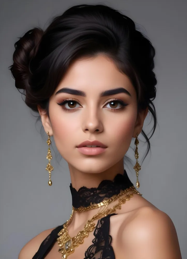 A Young Middle Eastern Woman With Dark Hair Styled In An Updo Wearing Gold Jewelry And A Black Lace Choker Against A Gray Background 16 37ea