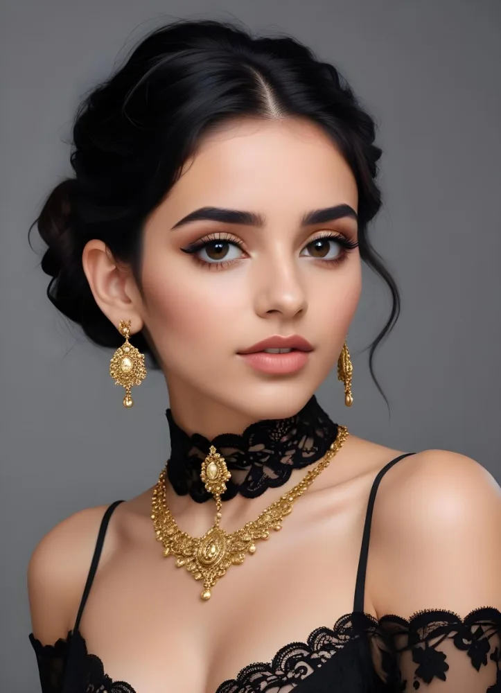 A Young Middle Eastern Woman With Dark Hair Styled In An Updo Wearing Gold Jewelry And A Black Lace Choker Against A Gray Background 2 7741