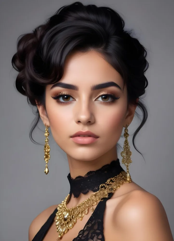 A Young Middle Eastern Woman With Dark Hair Styled In An Updo Wearing Gold Jewelry And A Black Lace Choker Against A Gray Background 3 Af92