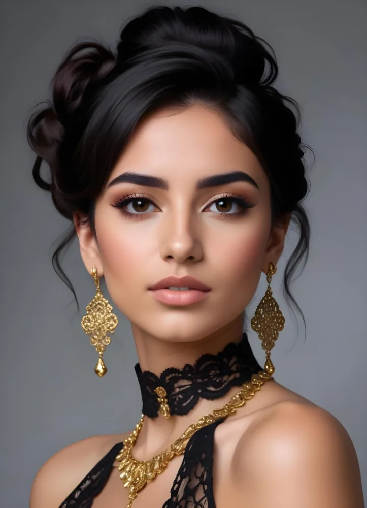 A Young Middle Eastern Woman With Dark Hair Styled In An Updo Wearing Gold Jewelry And A Black Lace Choker Against A Gray Background 5 3f8f