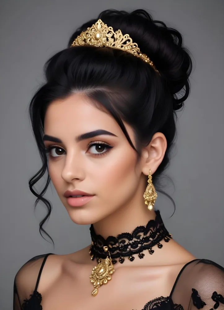 A Young Middle Eastern Woman With Dark Hair Styled In An Updo Wearing Gold Jewelry And A Black Lace Choker Against A Gray Background 6 Fc77