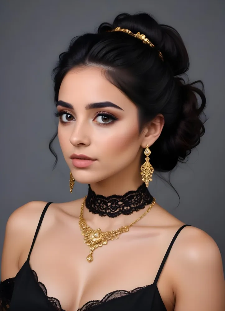 A Young Middle Eastern Woman With Dark Hair Styled In An Updo Wearing Gold Jewelry And A Black Lace Choker Against A Gray Background 7 Cd8b
