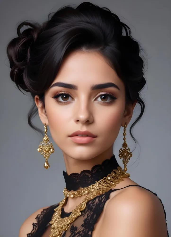 A Young Middle Eastern Woman With Dark Hair Styled In An Updo Wearing Gold Jewelry And A Black Lace Choker Against A Gray Background 8 66f0