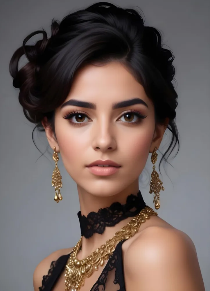 A Young Middle Eastern Woman With Dark Hair Styled In An Updo Wearing Gold Jewelry And A Black Lace Choker Against A Gray Background 9 Ada3
