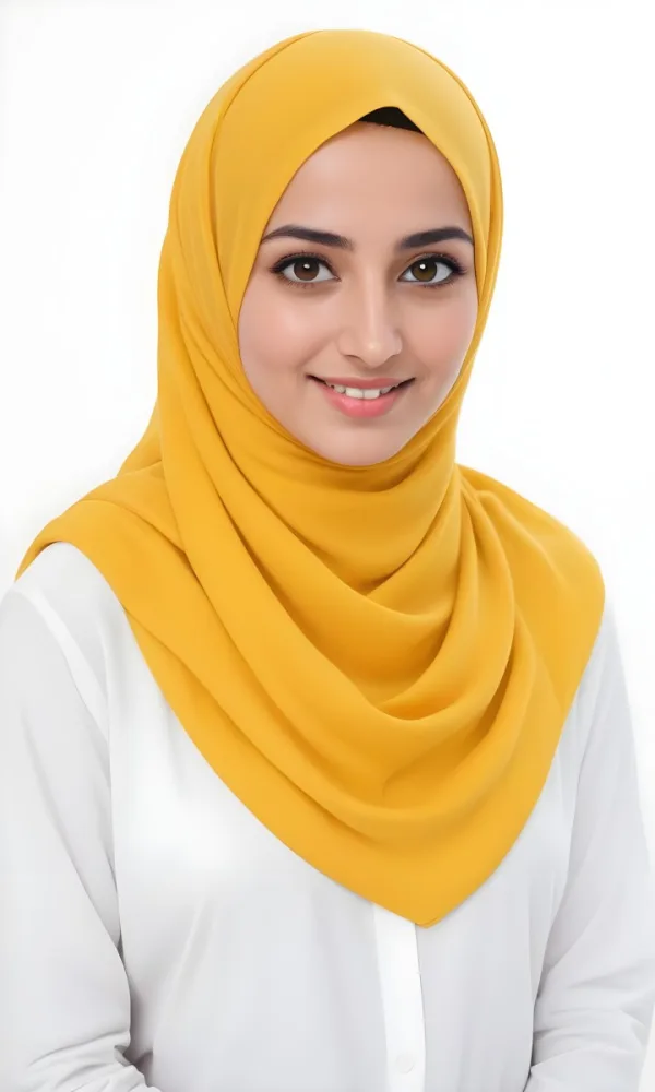 A Young Middle Eastern Woman With Dark Hair Wearing A Bright Yellow Hijab Smiling At The Camera 1 2fec