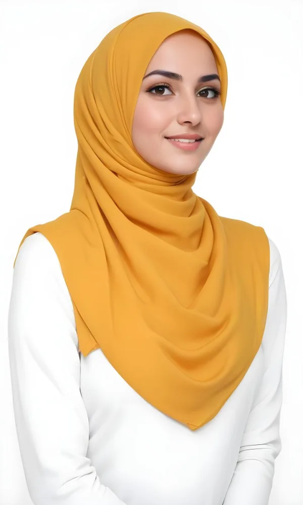 A Young Middle Eastern Woman With Dark Hair Wearing A Bright Yellow Hijab Smiling At The Camera 10 Fc22