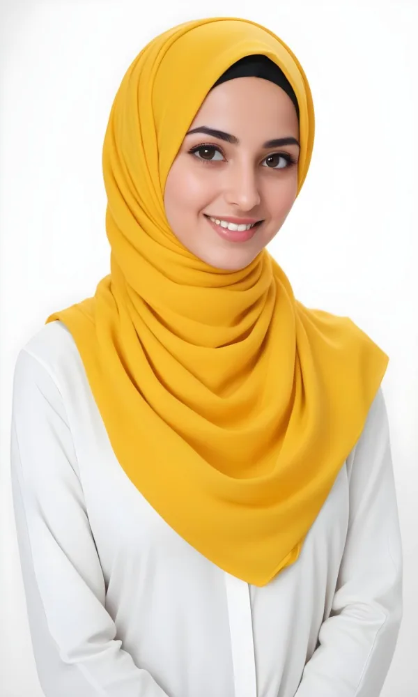 A Young Middle Eastern Woman With Dark Hair Wearing A Bright Yellow Hijab Smiling At The Camera 2 379d