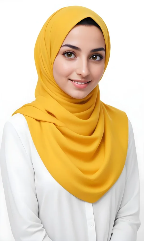 A Young Middle Eastern Woman With Dark Hair Wearing A Bright Yellow Hijab Smiling At The Camera 22 A072