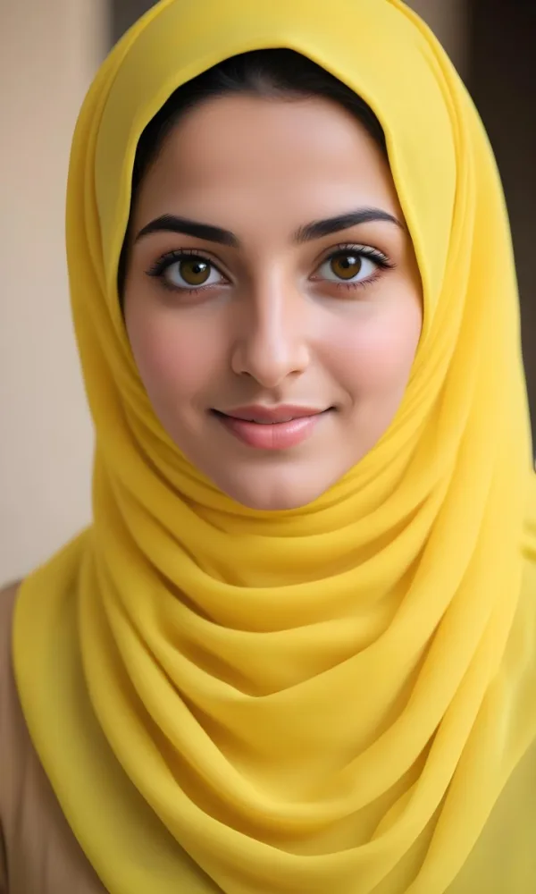 A Young Middle Eastern Woman With Dark Hair Wearing A Bright Yellow Hijab Smiling At The Camera 4 63e4