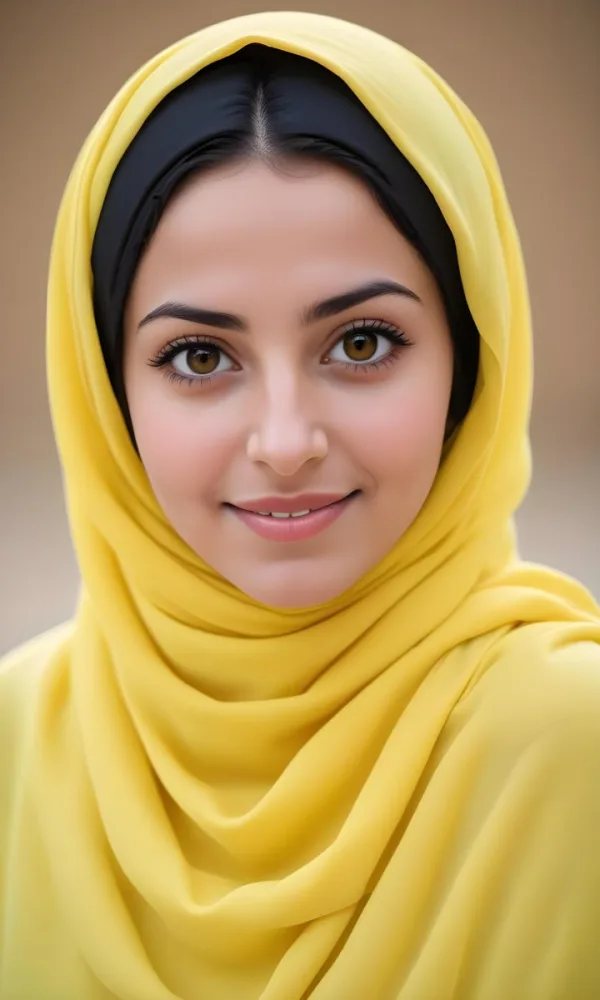 A Young Middle Eastern Woman With Dark Hair Wearing A Bright Yellow Hijab Smiling At The Camera 5 Fc8f