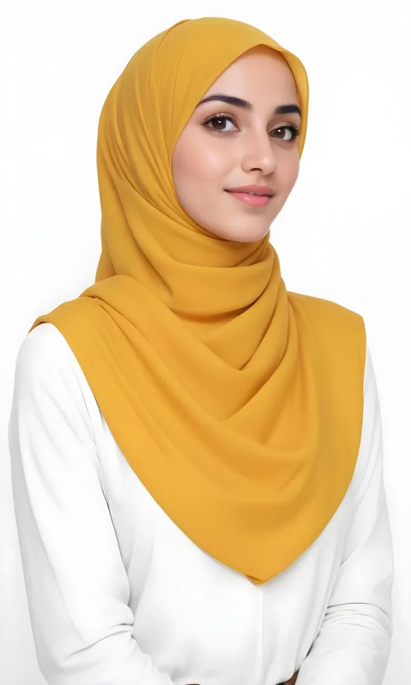 A Young Middle Eastern Woman With Dark Hair Wearing A Bright Yellow Hijab Smiling At The Camera 8 187a