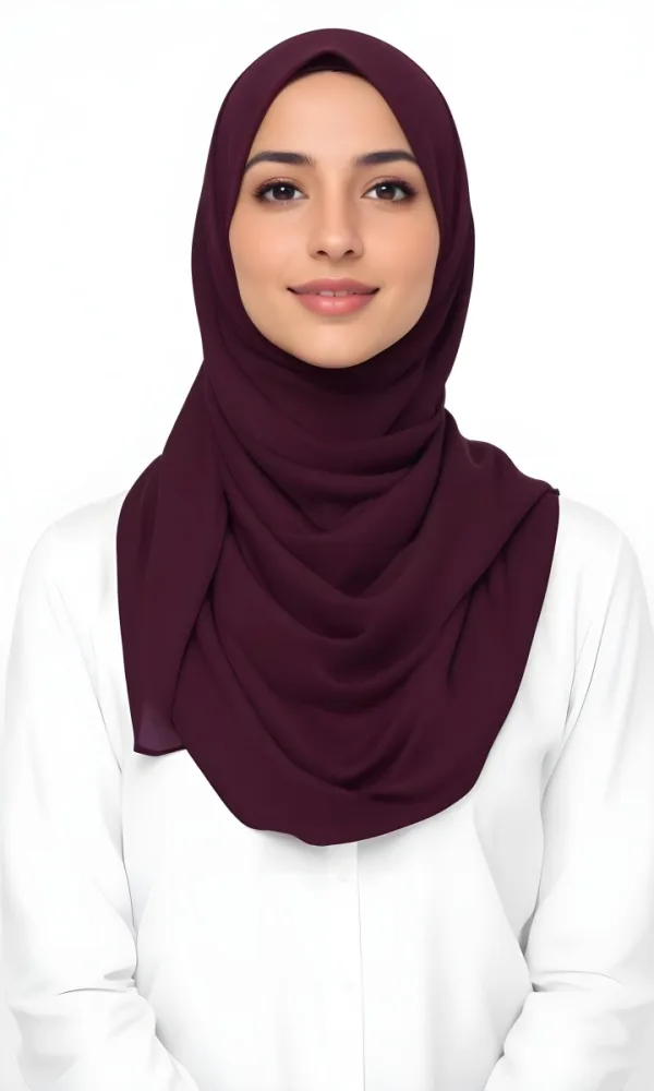 A Young Middle Eastern Woman With Dark Hair Wearing A Burgundy Hijab Smiling At The Camera 24 688e