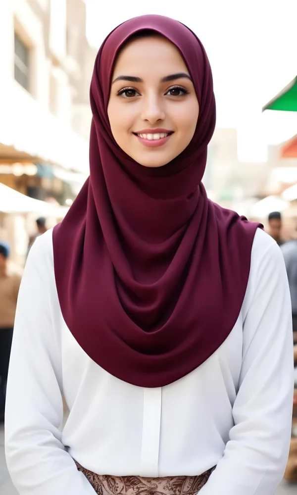 A Young Middle Eastern Woman With Dark Hair Wearing A Burgundy Hijab Smiling At The Camera 3 E9ea
