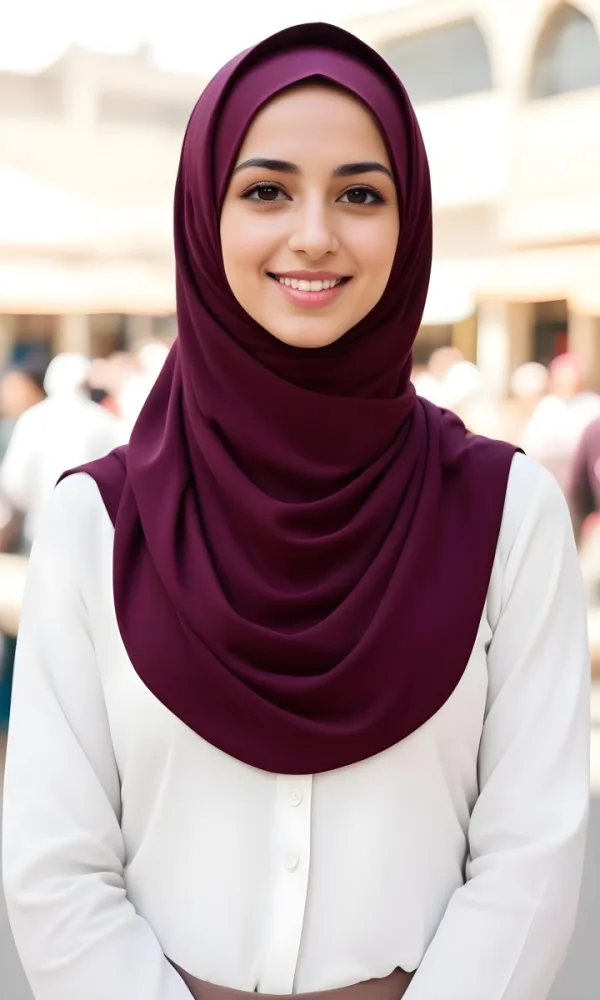 A Young Middle Eastern Woman With Dark Hair Wearing A Burgundy Hijab Smiling At The Camera 6 80a6