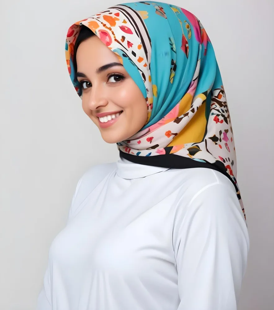 A Young Middle Eastern Woman With Dark Hair Wearing A Colorful Patterned Hijab Smiling At The Camera 23 05c9