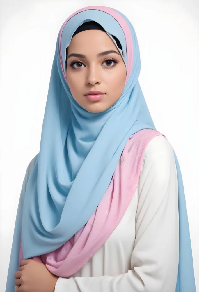A Young Middle Eastern Woman With Dark Hair Wearing A Light Blue Hijab And A Pink Top 1 F688