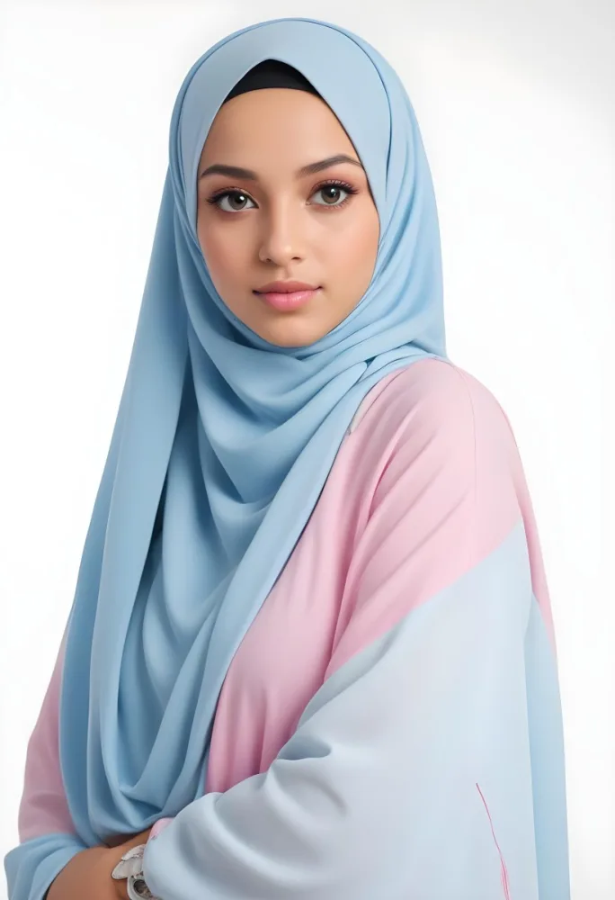 A Young Middle Eastern Woman With Dark Hair Wearing A Light Blue Hijab And A Pink Top 6 F3af