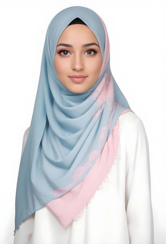 A Young Middle Eastern Woman With Dark Hair Wearing A Light Blue Hijab And A Pink Top 9 1b1e