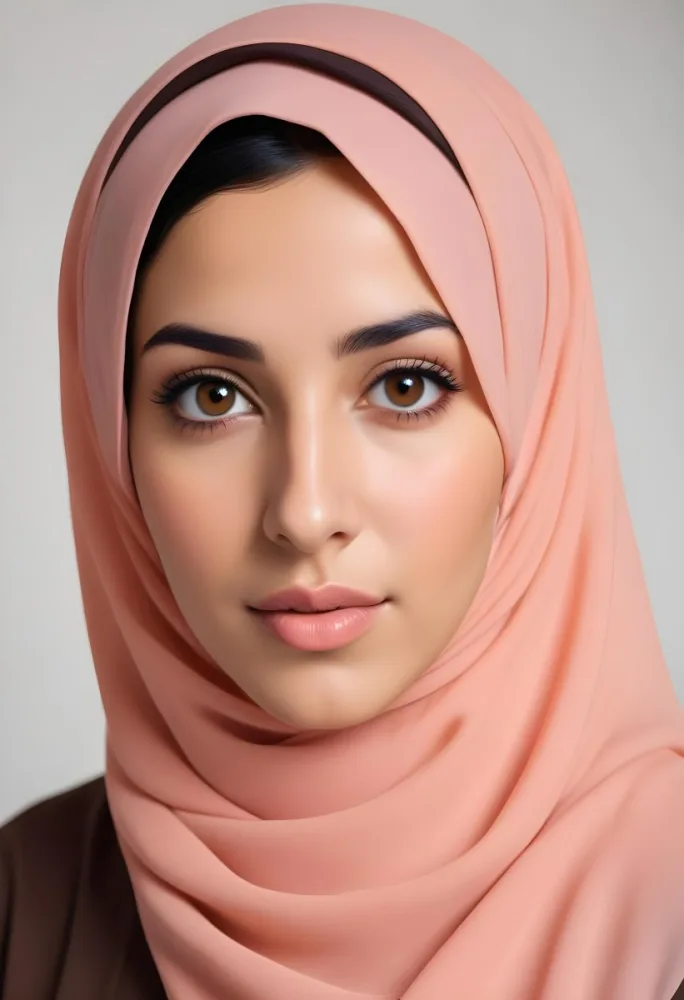 A Young Middle Eastern Woman With Dark Hair Wearing A Peach Colored Hijab Looking Directly At The Camera With A Serious Expression 16 7281