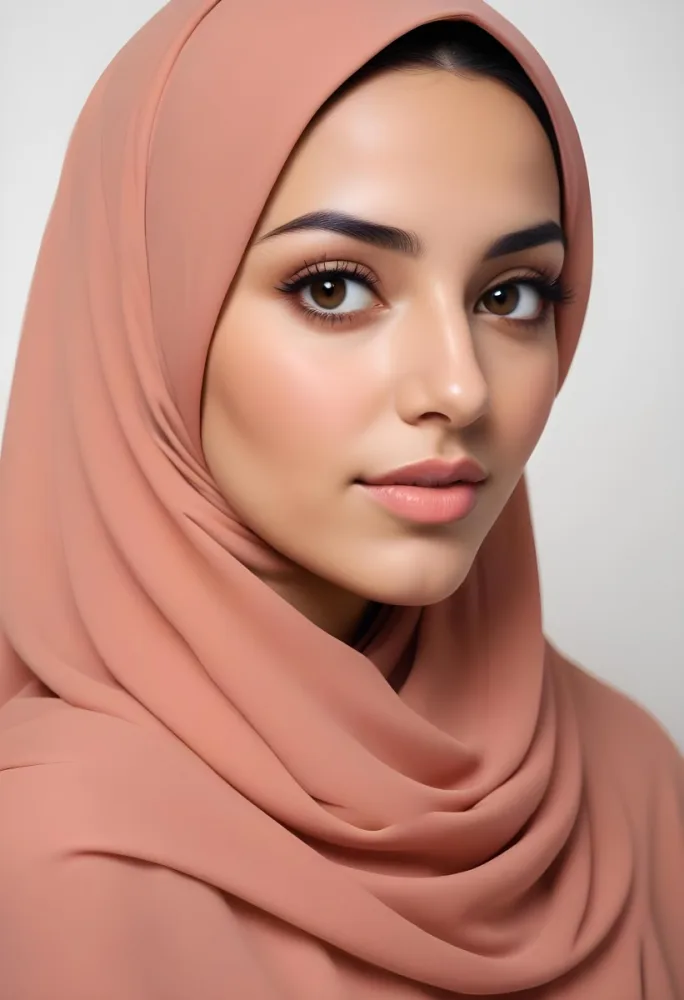 A Young Middle Eastern Woman With Dark Hair Wearing A Peach Colored Hijab Looking Directly At The Camera With A Serious Expression 20 5c98
