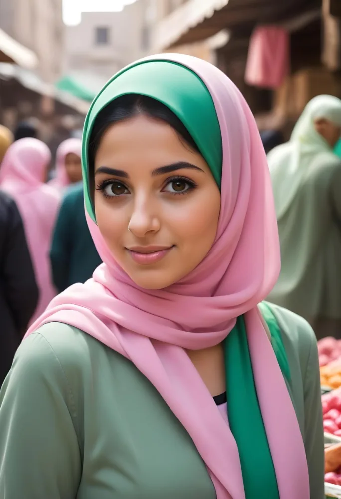 A Young Middle Eastern Woman With Dark Hair Wearing A Pink And Green Hijab 13 5610