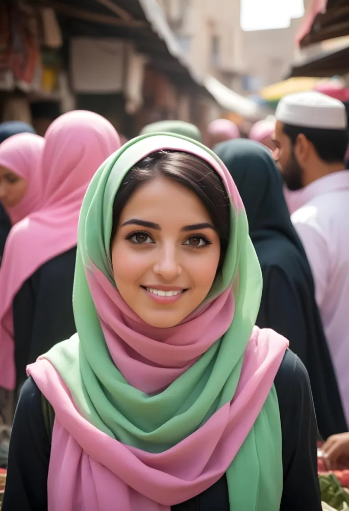A Young Middle Eastern Woman With Dark Hair Wearing A Pink And Green Hijab 15 1b86