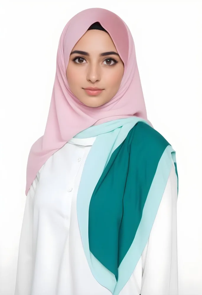A Young Middle Eastern Woman With Dark Hair Wearing A Pink And Green Hijab 3 Bcc1