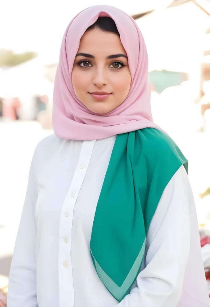 A Young Middle Eastern Woman With Dark Hair Wearing A Pink And Green Hijab 4 Fab9