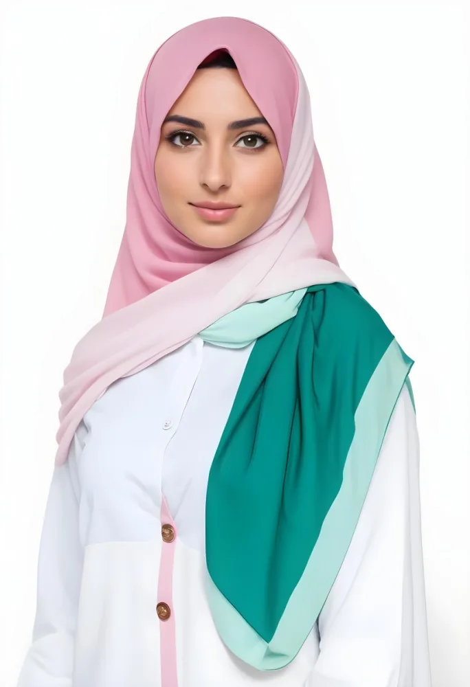 A Young Middle Eastern Woman With Dark Hair Wearing A Pink And Green Hijab 5 3b5a