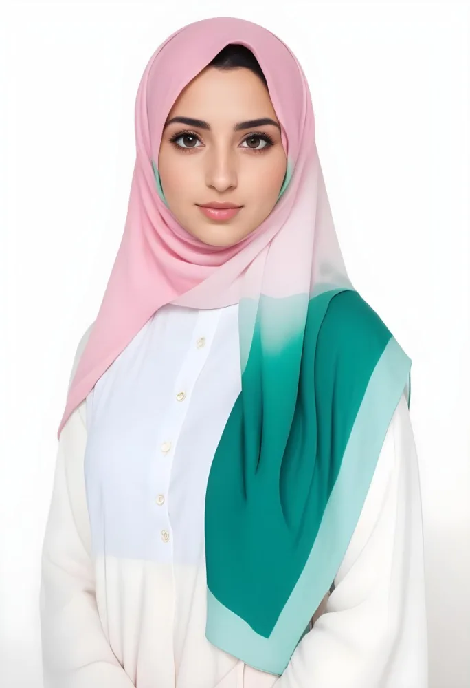 A Young Middle Eastern Woman With Dark Hair Wearing A Pink And Green Hijab 6 De03