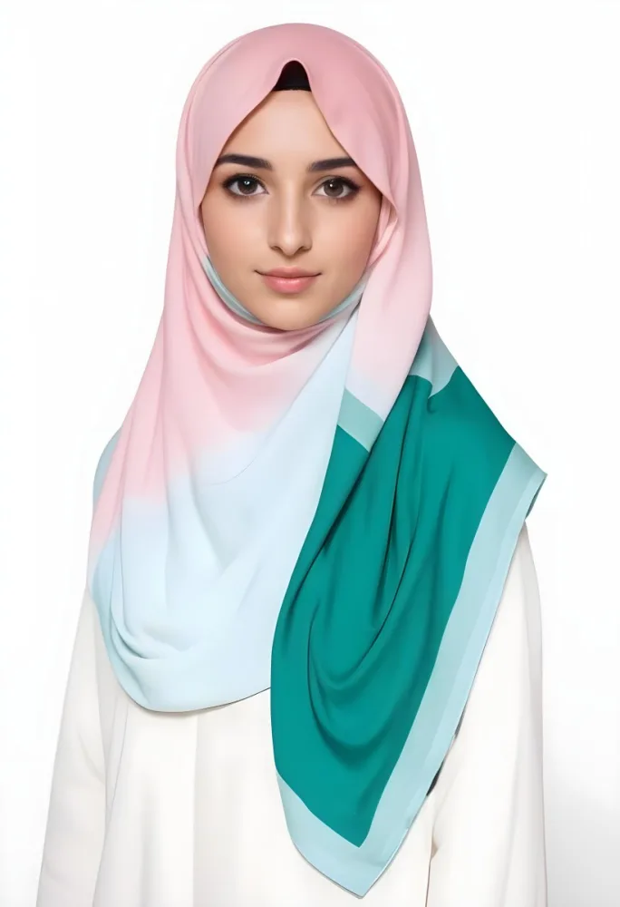 A Young Middle Eastern Woman With Dark Hair Wearing A Pink And Green Hijab 7 7975