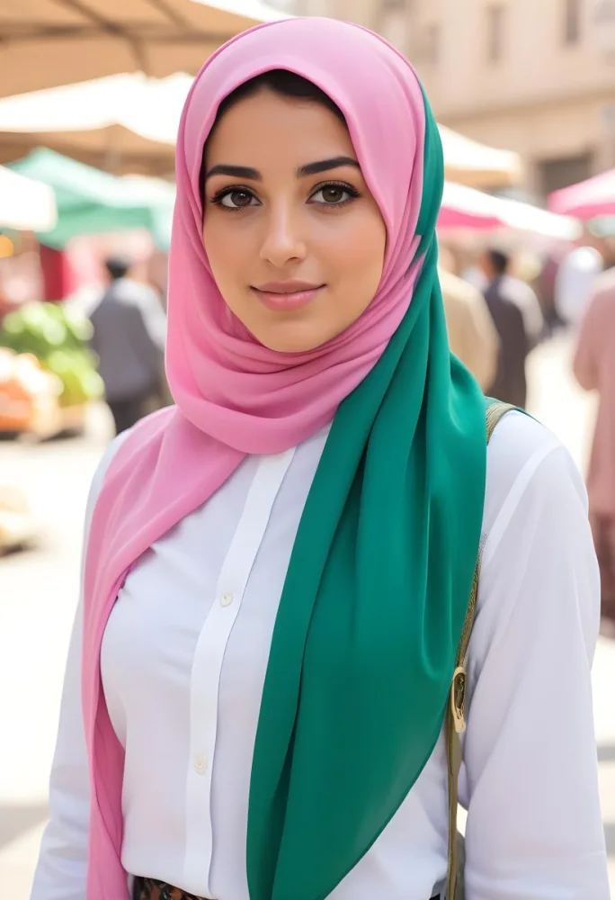 A Young Middle Eastern Woman With Dark Hair Wearing A Pink And Green Hijab 8 E55b