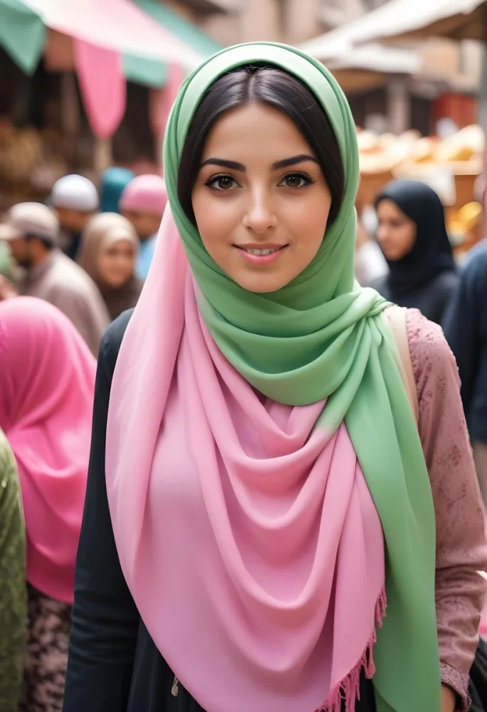 A Young Middle Eastern Woman With Dark Hair Wearing A Pink And Green Hijab 9 Eb6d