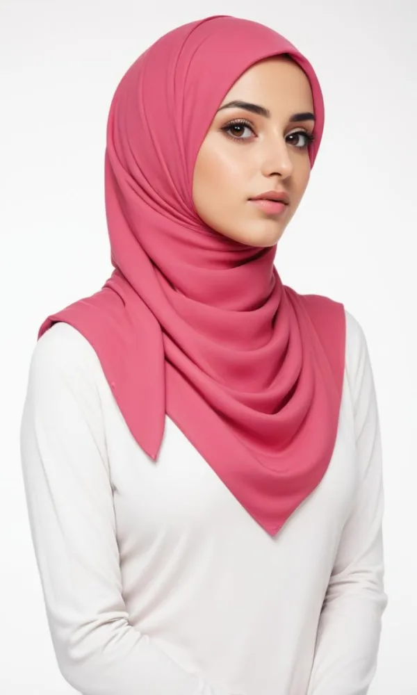 A Young Middle Eastern Woman With Dark Hair Wearing A Pink Hijab Looking Directly At The Camera With A Serious Expression 2 5a18