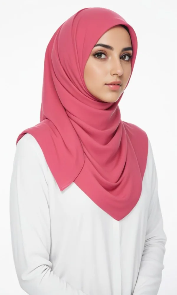 A Young Middle Eastern Woman With Dark Hair Wearing A Pink Hijab Looking Directly At The Camera With A Serious Expression 4 A7ca