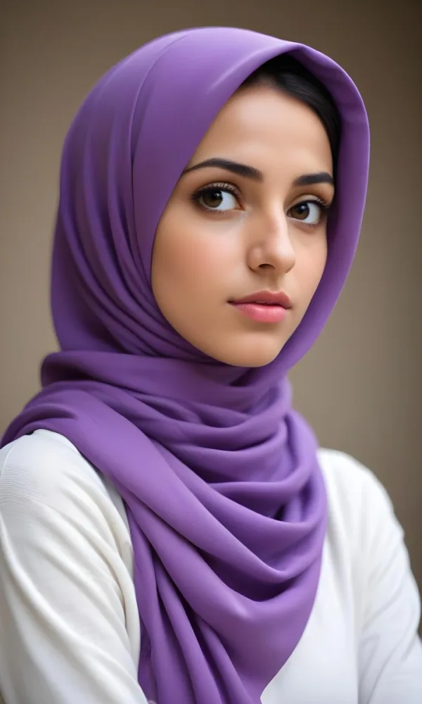 A Young Middle Eastern Woman With Dark Hair Wearing A Purple Hijab Looking Directly At The Camera With A Serious Expression 5 6293