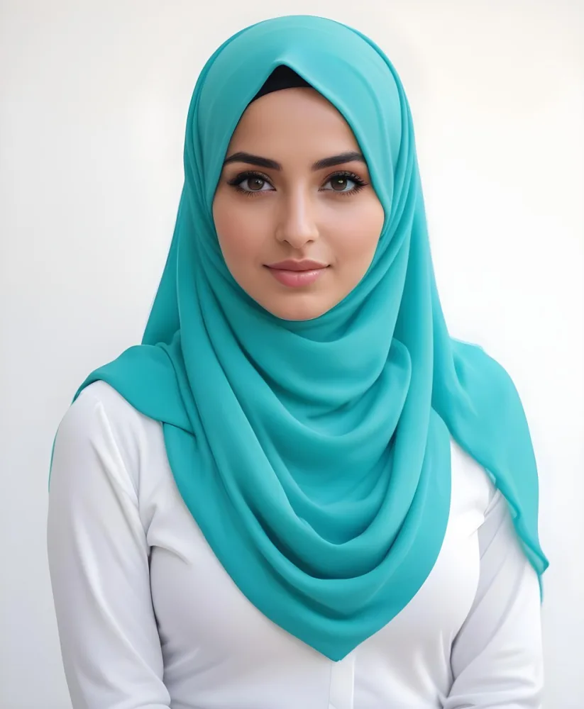 A Young Middle Eastern Woman With Dark Hair Wearing A Teal Hijab Looking Directly At The Camera With A Slight Smile In A Park During Daytime 2 Df07