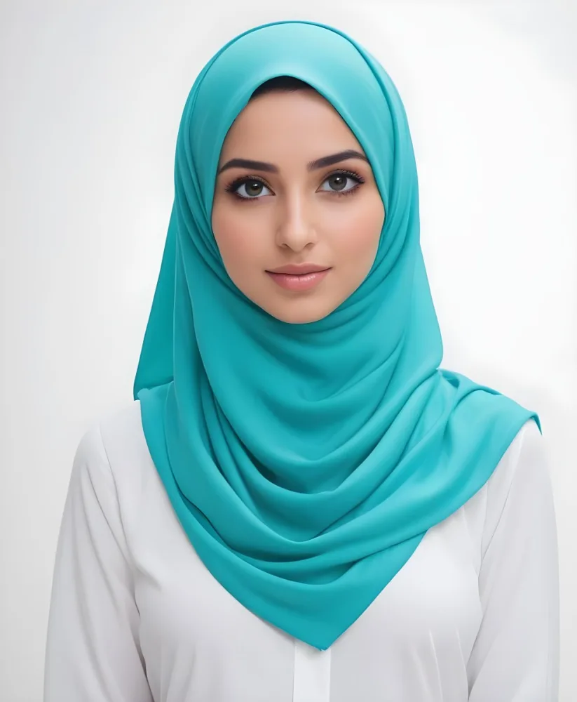 A Young Middle Eastern Woman With Dark Hair Wearing A Teal Hijab Looking Directly At The Camera With A Slight Smile In A Park During Daytime 5 120e