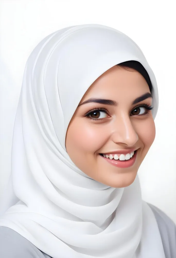 A Young Middle Eastern Woman With Dark Hair Wearing A White Hijab Smiling At The Camera 3 7d4e