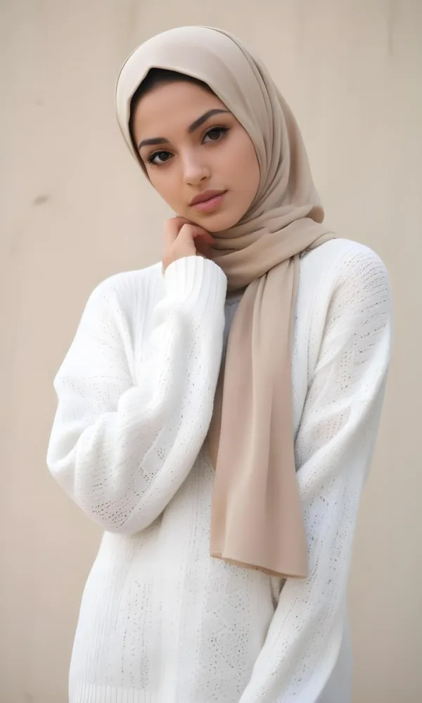 A Young Middle Eastern Woman With Light Skin Dark Hair And A Hijab Wearing A White Knitted Sweater And Looking Directly At The Camera In Daylight 6 A6b6